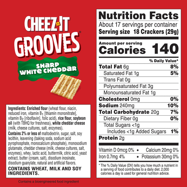 Cheez-It Grooves Sharp White Cheddar Crunchy Cheese Crackers, Snack Crackers, 17 oz