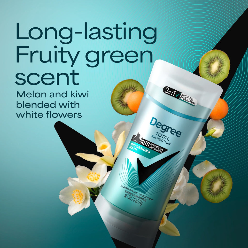Degree 3in1 Total Protection Antiperspirant Deodorant for Women Anti Sweat, Odor and Stains Refreshing Rain 72-hour Sweat and Odor Protection, 2.6 oz