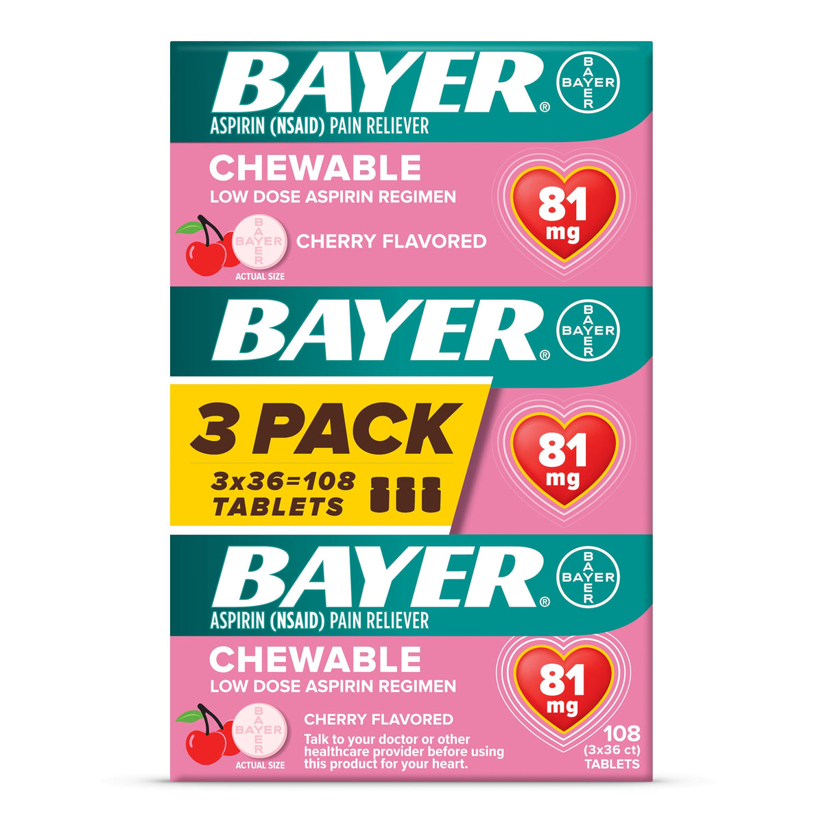 Bayer Chewable Aspirin Regimen Low Dose Pain Reliever Tablets, 81mg, Cherry, 108 Count