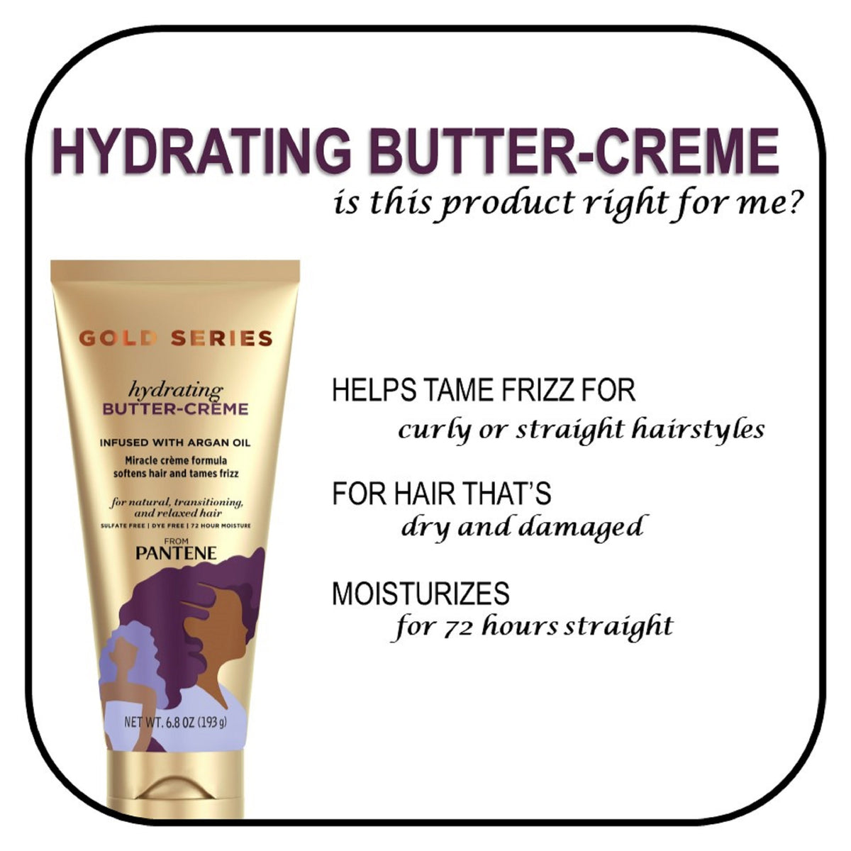 Pantene Gold Series Hydrating Butter Cream, 72 Hour Moisture, Sulfate & Dye Free, 6.8 oz