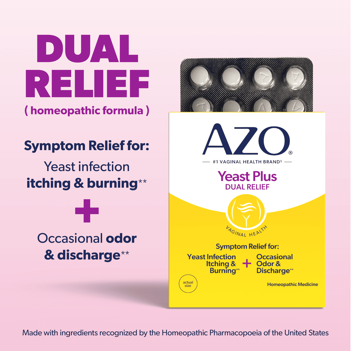 AZO Yeast Plus Dual Relief Tablets, Eases Itching, Burning, Odor & Discomfort from Yeast Infections, FSA/HSA Eligible, 60 Count