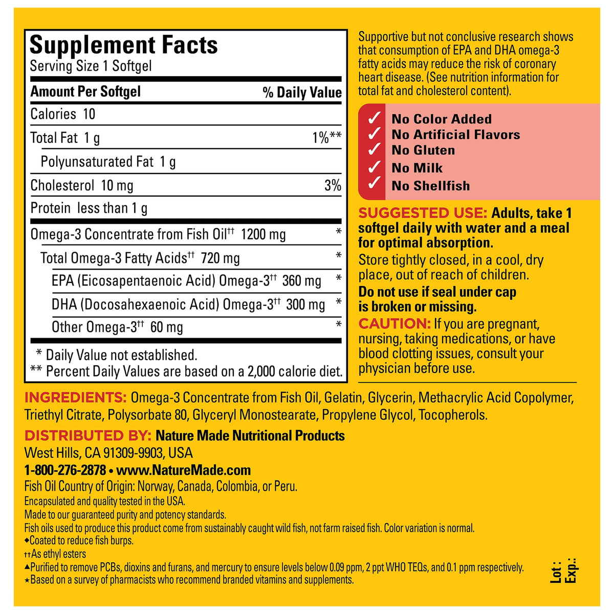 Nature Made Burp Less Omega 3 Fish Oil 1200 mg Softgels, Fish Oil Supplements, 125 Count