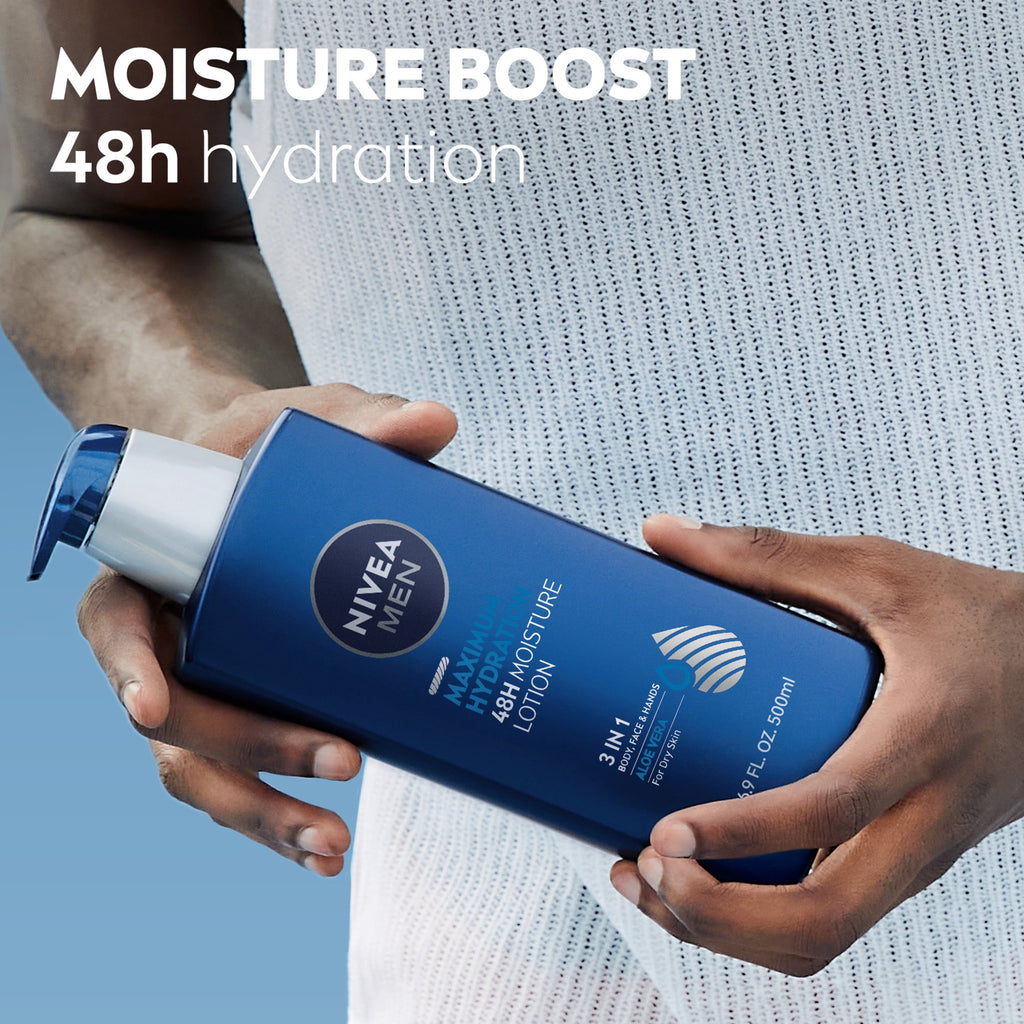 NIVEA MEN Maximum Hydration 3-in-1 Body Lotion, 48-Hour Moisturizer, 16.9 fl oz