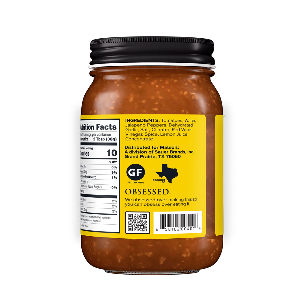 Mateo's Gourmet All Natural Salsa, Medium Heat, 16oz Glass Jar