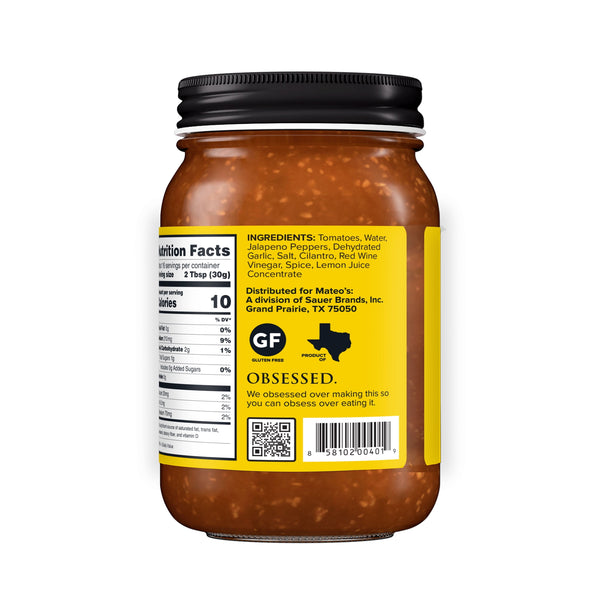 Mateo's Gourmet All Natural Salsa, Medium Heat, 16oz Glass Jar