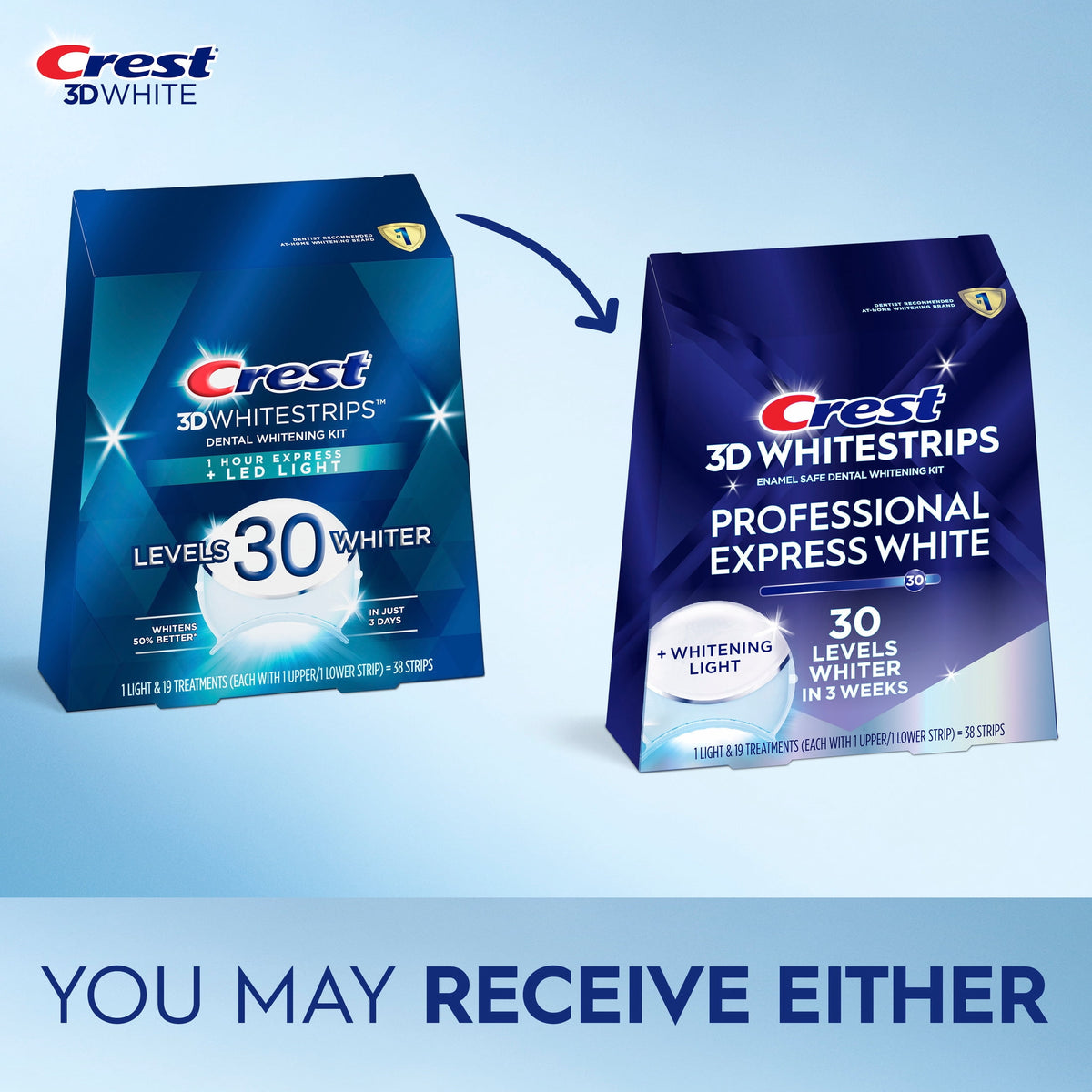 Crest 3DWhitestrips at Home Teeth Whitening Kit, Professional Express + Whitening Light, 1 Light + 19 Treatments, 38 Strips