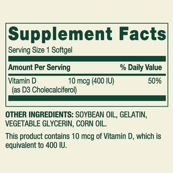 Spring Valley Vitamin D3 Softgels,10 mcg (400 IU), 200 Count, Supplement for Bone and Immune Health