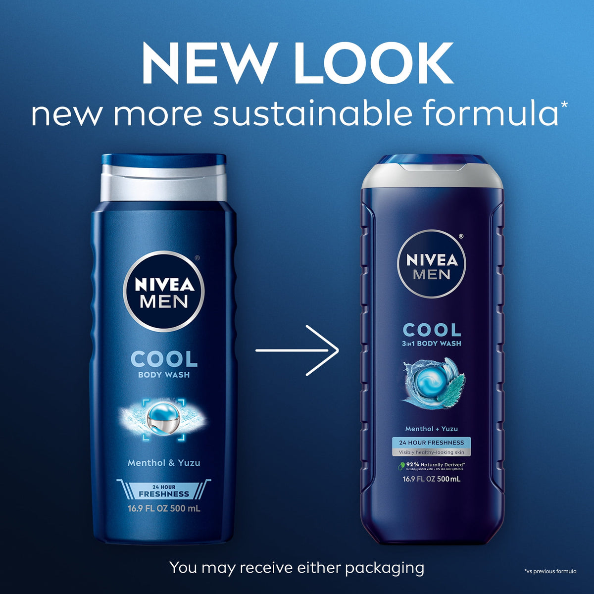 NIVEA MEN Cool 3-in-1 Body Wash for Men with Icy Menthol and Yuzu Scent, 16.9 fl oz