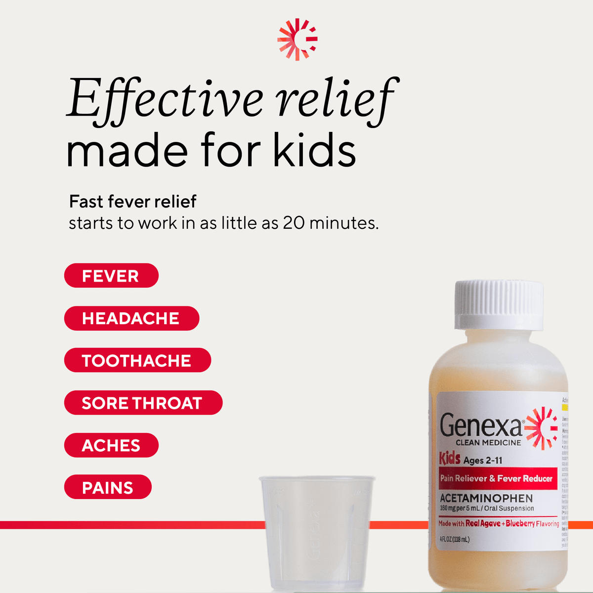 Genexa Kids’ Clean Pain & Fever Acetaminophen, Dye Free, Organic Blueberry, 4 fl oz
