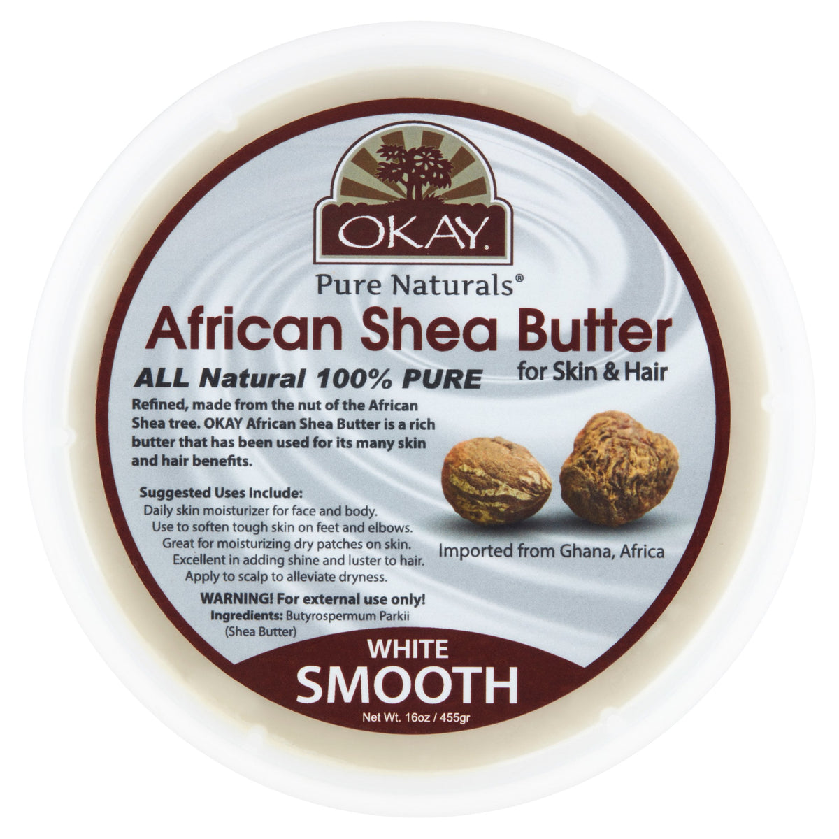 Okay Pure Naturals African Shea Butter Jar, Natural Body Moisturizer and Hair Conditioner, White, 13 oz