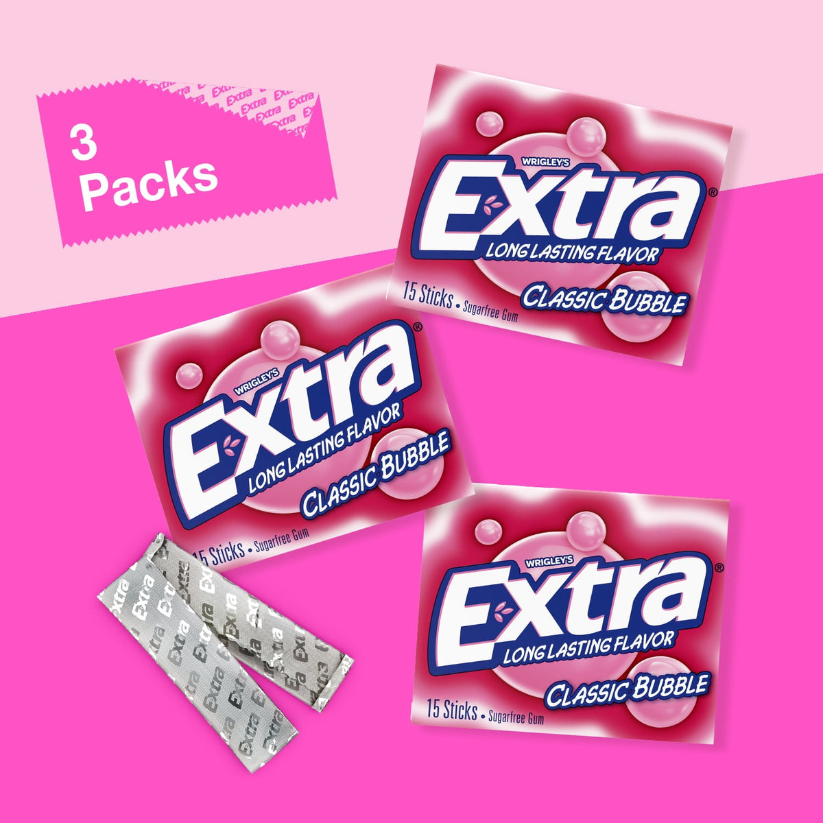 Extra Classic Bubble Sugar Free Chewing Gum - 15 Ct (3 pack)