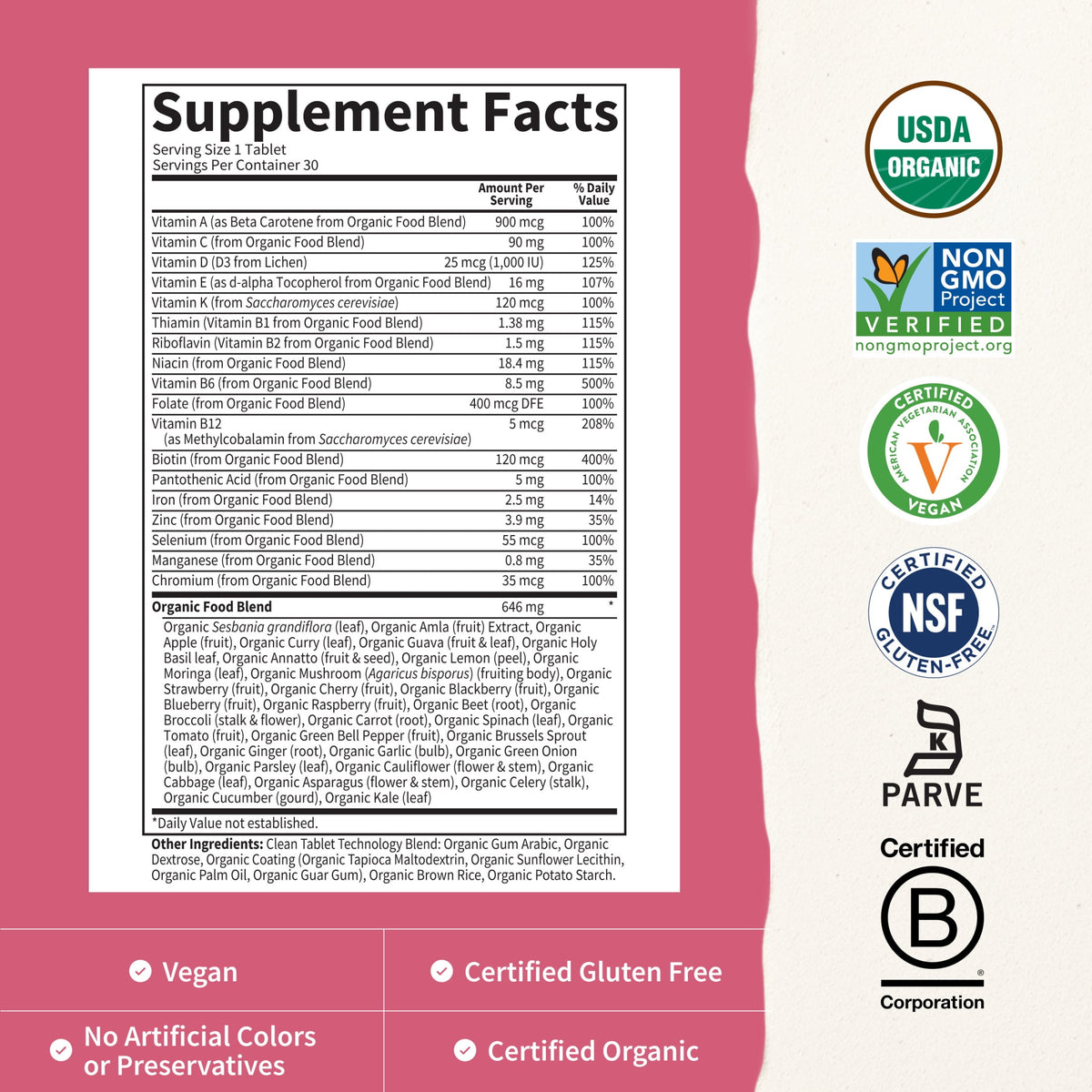 Garden of Life Organics Women's Multivitamin Supplement for Health, Energy, Hair Skin and Nails, Metabolism Support with Biotin, 30 Count