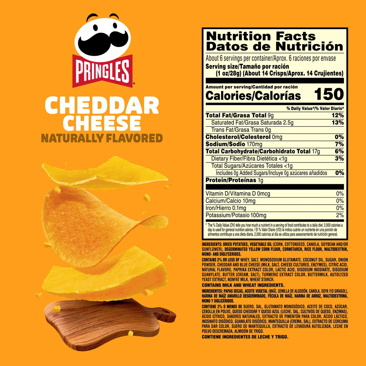 Pringles Cheddar Cheese Potato Crisps Chips, Lunch Snacks, 5.5 oz Canister