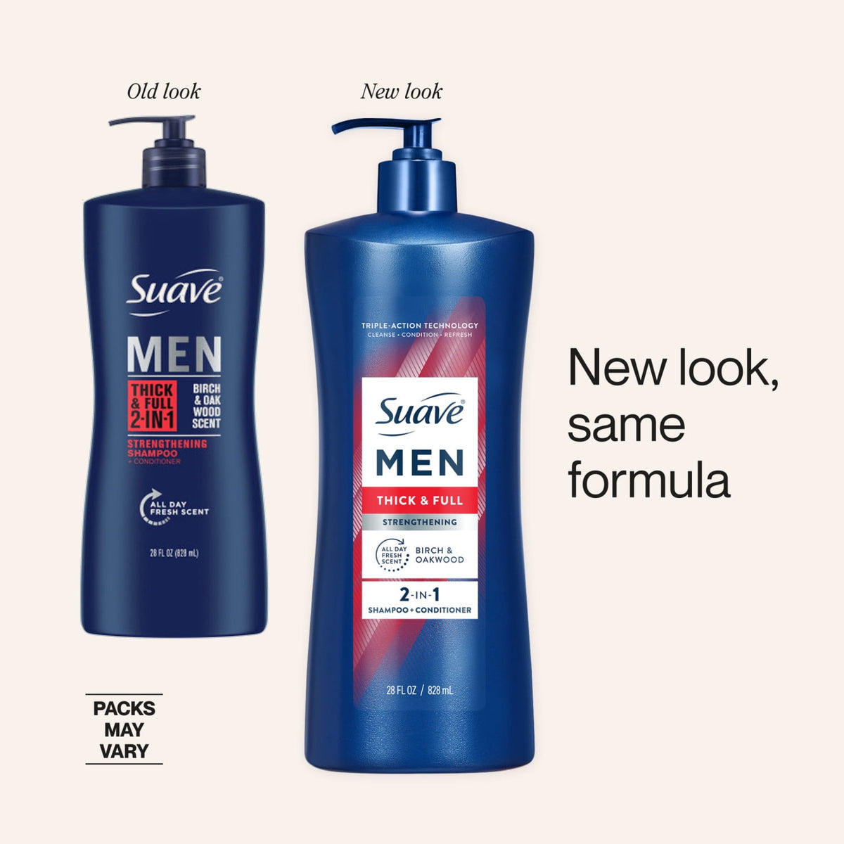Suave Men Thick & Full Strengthening 2-in-1 Shampoo & Conditioner, Birch & Oakwood Scent, 28 FL OZ