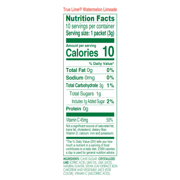 True Lime Watermelon Limeade Drink Mix Powder, No Artificial Sweeteners, 1.06 oz.Packet, 10 Count Box