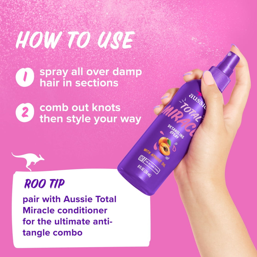 Aussie Total Miracle Hair Detangling Spray with Apricot Oil for All Hair Types, 8 fl oz