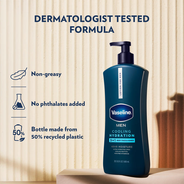 Vaseline Men Cooling Hydration 3-in-1 Face, Hands & Body Lotion For Men For Dry Skin With Menthol & Ultra-Hydrating Lipids, 20.3 fl oz