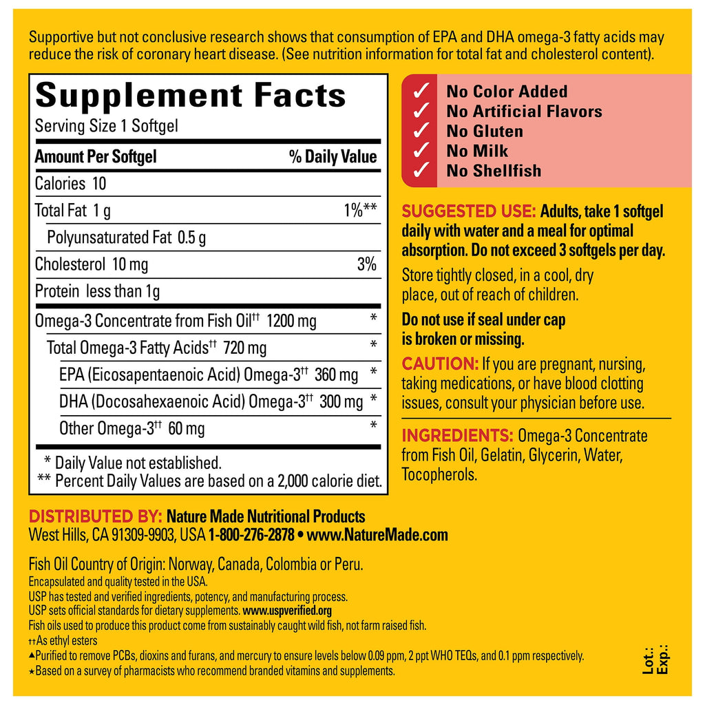 Nature Made Omega 3 Fish Oil 1200mg One per Day Softgels, Fish Oil Supplements, 290 Count