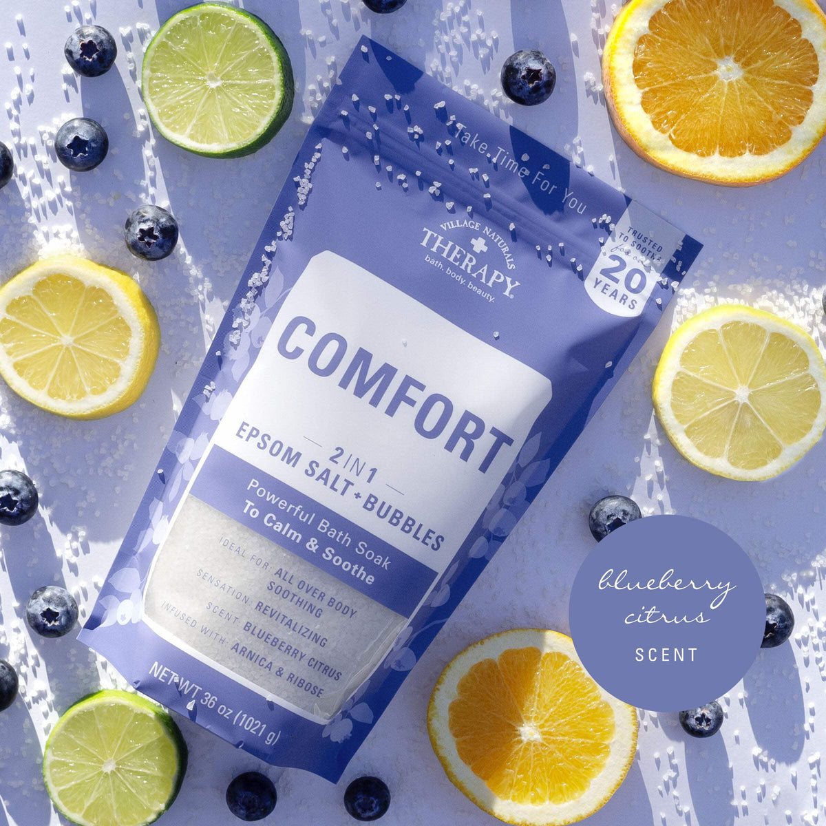 Village Naturals Therapy Comfort 2in1 Foaming Epsom Bath Soak, Blueberry Citrus Scent