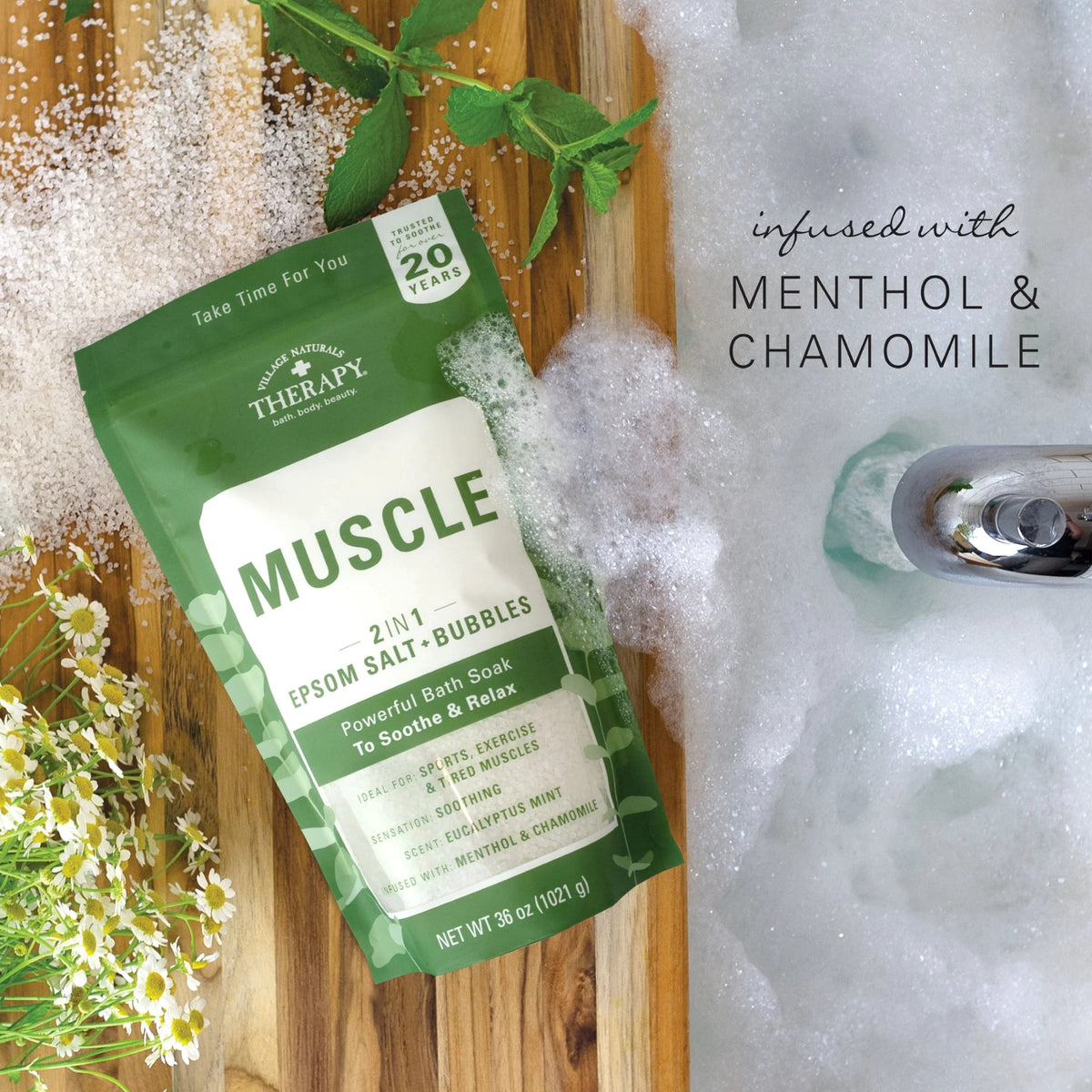Village Naturals Therapy Muscle Relief Foaming Epsom Bath Soak, 36 oz