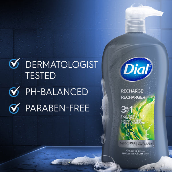Dial Recharge 3-in-1 Men's Body Wash for Body, Hair, & Face, Cedar Leaf Scent, 32 fl oz