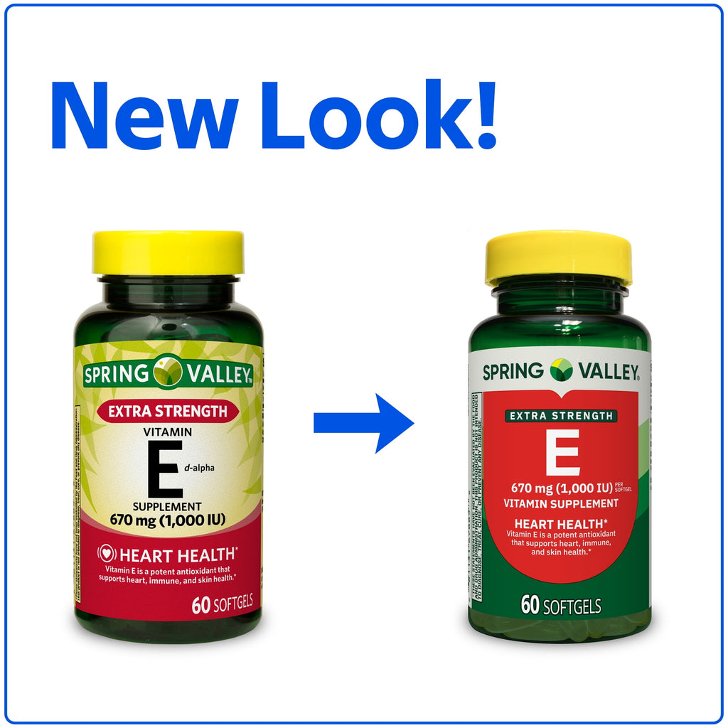 Spring Valley Extra Strength Vitamin E Supplement D-Alpha Softgels for Heart Health, 670 mg (1,000 IU), 60 Count