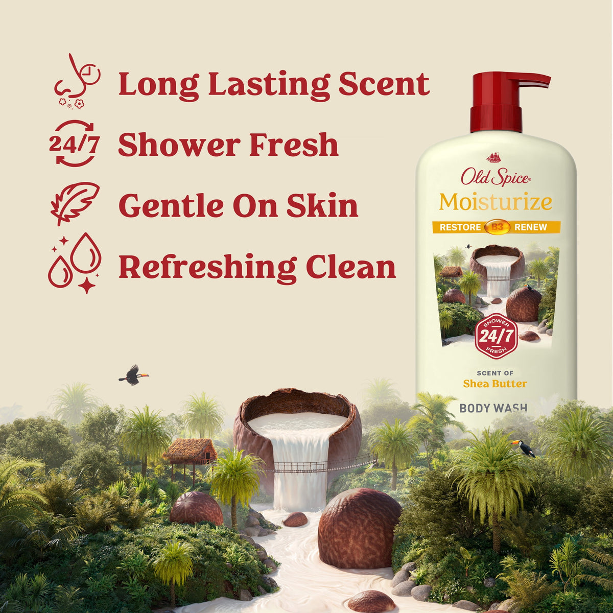Old Spice Men's Body Wash, 24/7 Moisturization, Shea Butter, 30 fl oz