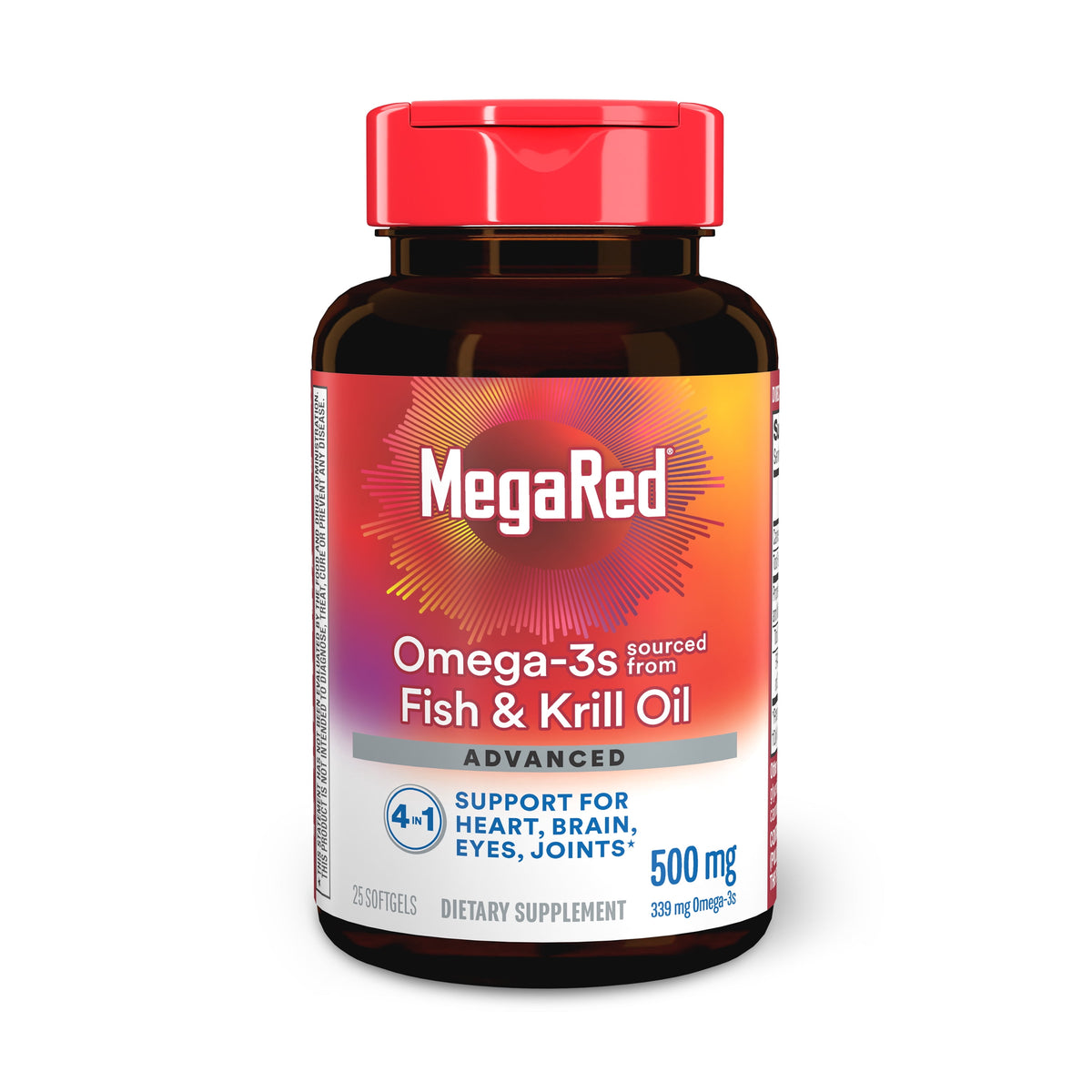 MegaRed Advanced 4in1 500mg Omega-3 Fish Krill Oil Supplements, Heart Brain Eyes Joints Health Omega 3, 25 Softgels