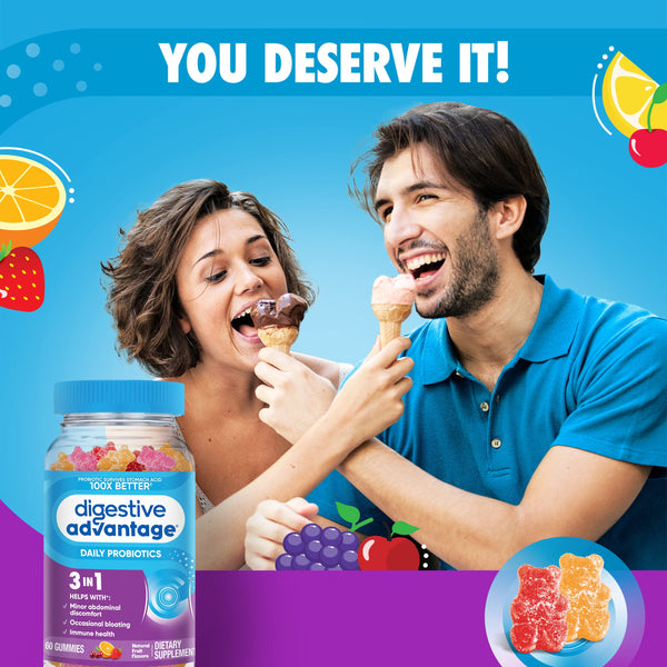 Digestive Advantage Daily Probiotic Gummies, Natural Fruit Flavors, Helps Protein Absorption, Supports Immune Health, Gut Health, 60 Gummies