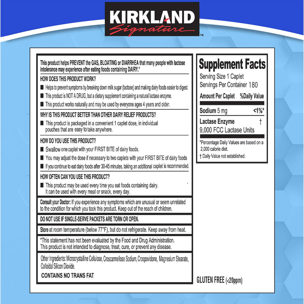 Kirkland Signature Fast Acting Lactase Caplets, 180 ea