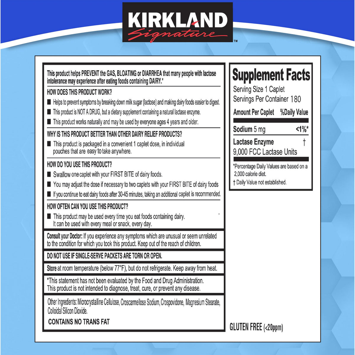 Kirkland Signature Fast Acting Lactase Caplets, 180 ea