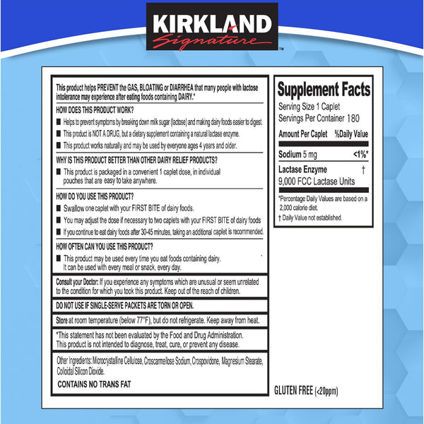 Kirkland Signature Fast Acting Lactase Caplets, 180 ea