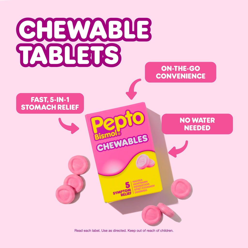 Pepto Bismol Chewable Tablets, Upset Stomach and Anti Diarrheal Relief, 30 Count
