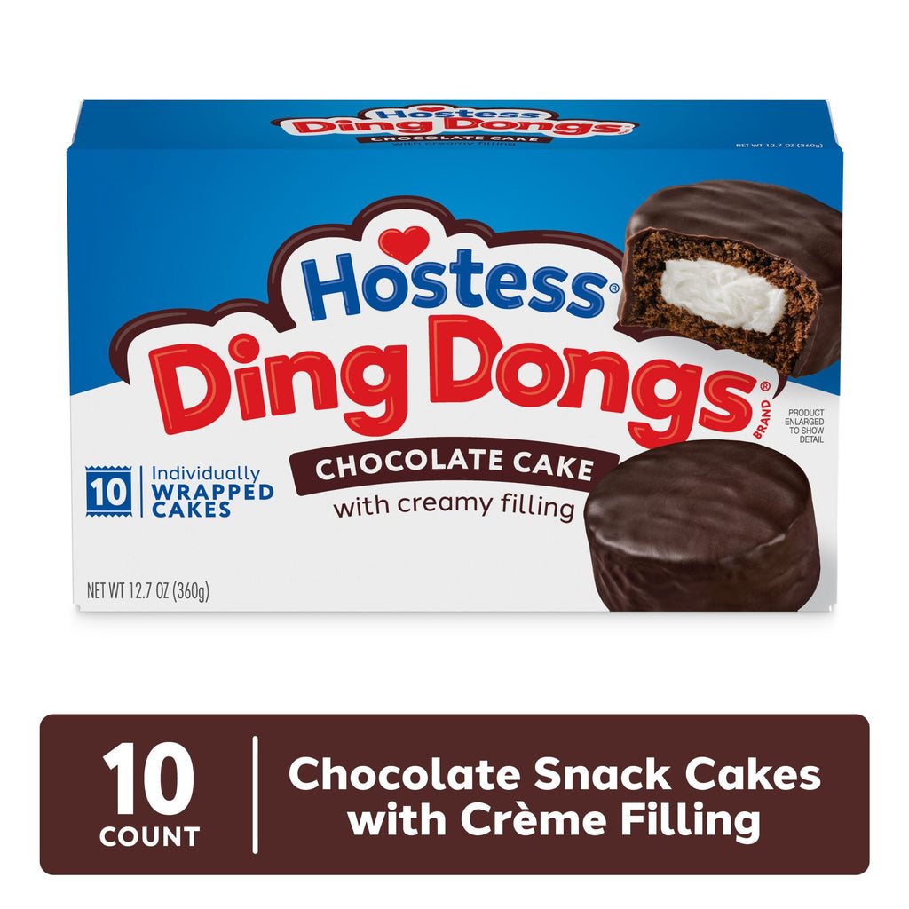 Hostess Ding Dongs Snack Cakes, Chocolate Cake with Crème Filling & Fudgy Icing, 10 Count, 12.7 oz Box