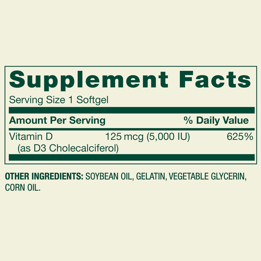 Spring Valley Extra Strength Vitamin D3, 125 mcg (5000 IU), 400 Count, Supplement Softgels for Bone and Immune Health