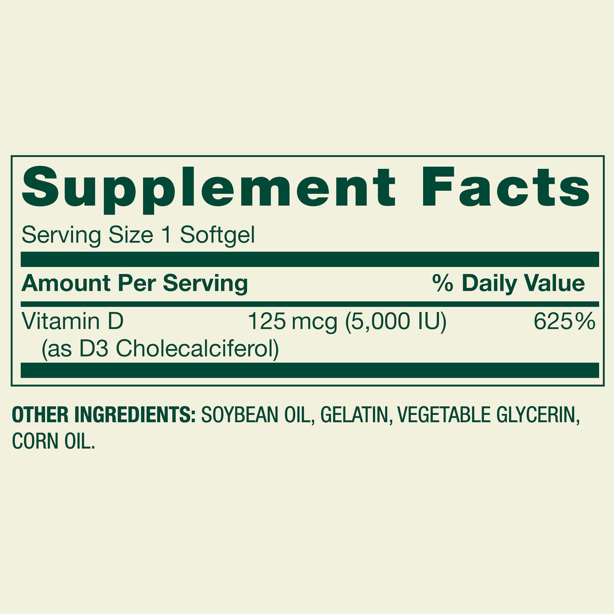 Spring Valley Extra Strength Vitamin D3, 125 mcg (5000 IU), 400 Count, Supplement Softgels for Bone and Immune Health
