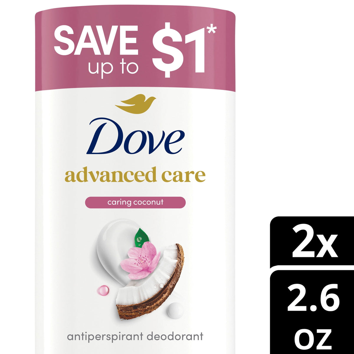 Dove Advanced Care Antiperspirant Deodorant for Women Caring Coconut 72 hour sweat and odor protection, 2.6 oz Twin Pack