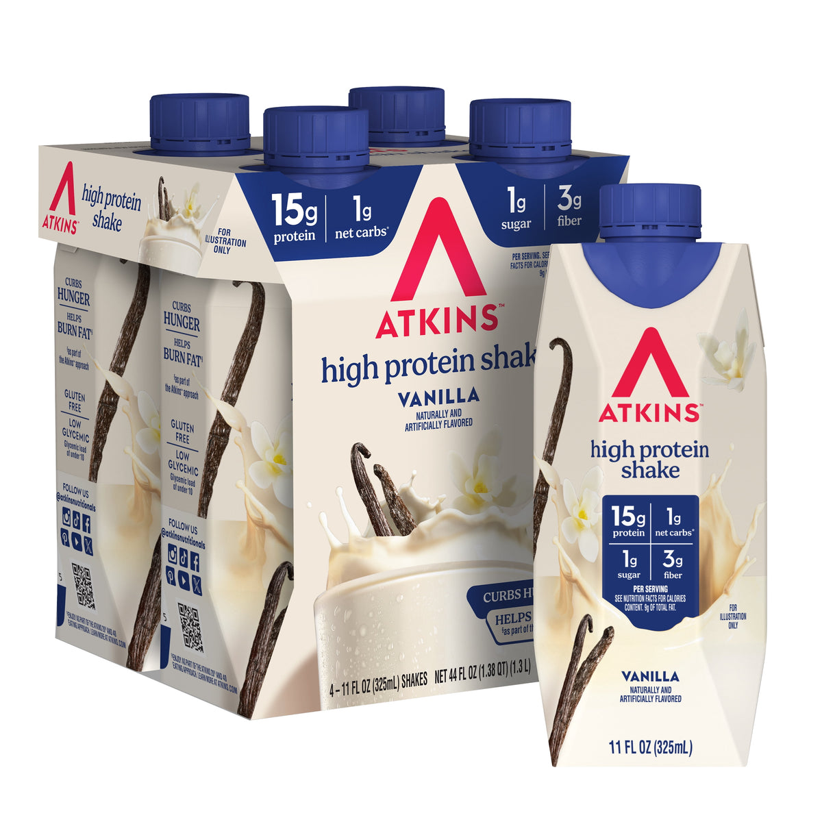 Atkins Protein Shake, Creamy Vanilla, Keto Friendly, Gluten Free, 4 Ct (Ready to Drink)