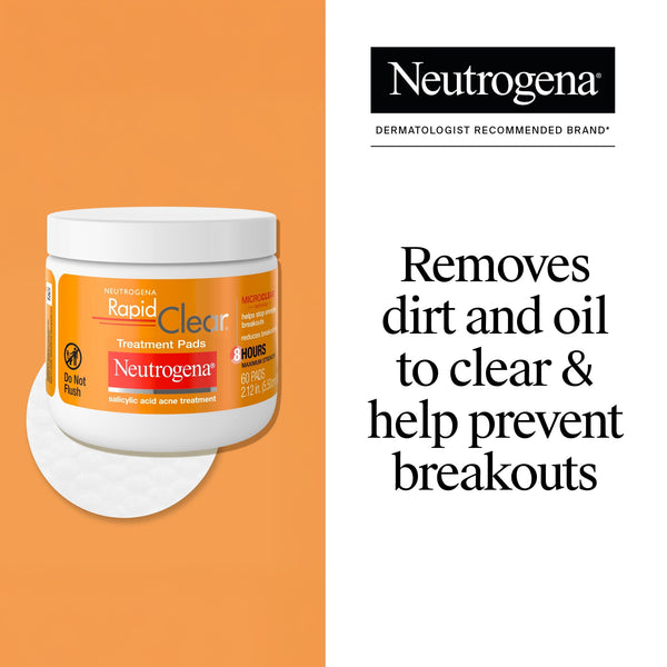 Neutrogena Rapid Clear Acne Treatment Pads, Salicylic Acid Face Cleansing Acne Wipes, 60 Count