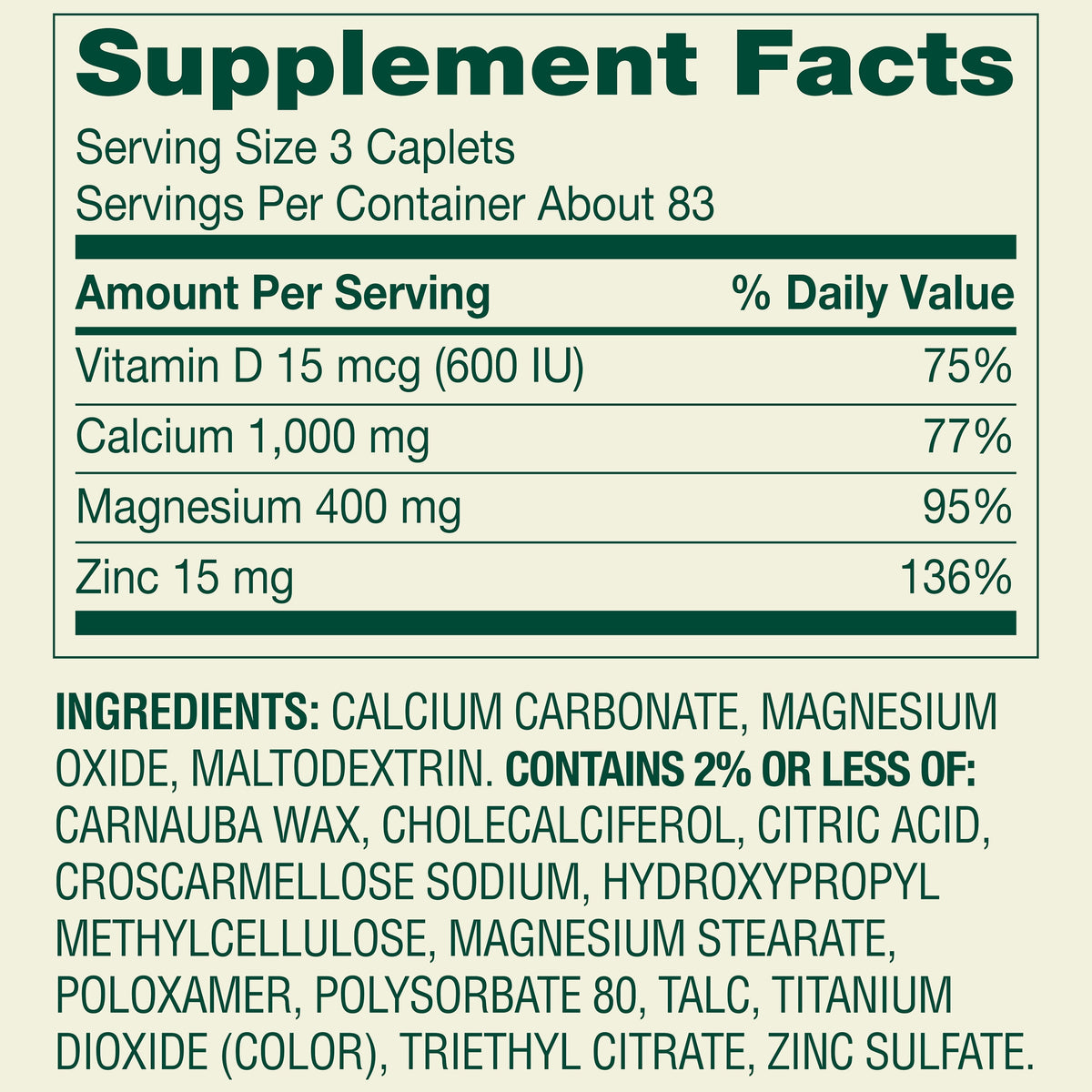 (2 pack) Spring Valley Calcium, Magnesium & Zinc Plus Vitamin D3 Coated Caplets, 250 Count