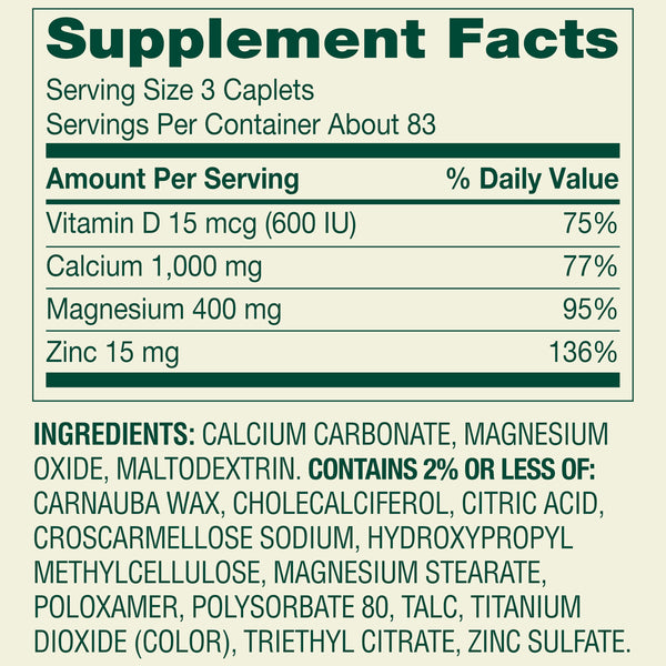 (2 pack) Spring Valley Calcium, Magnesium & Zinc Plus Vitamin D3 Coated Caplets, 250 Count