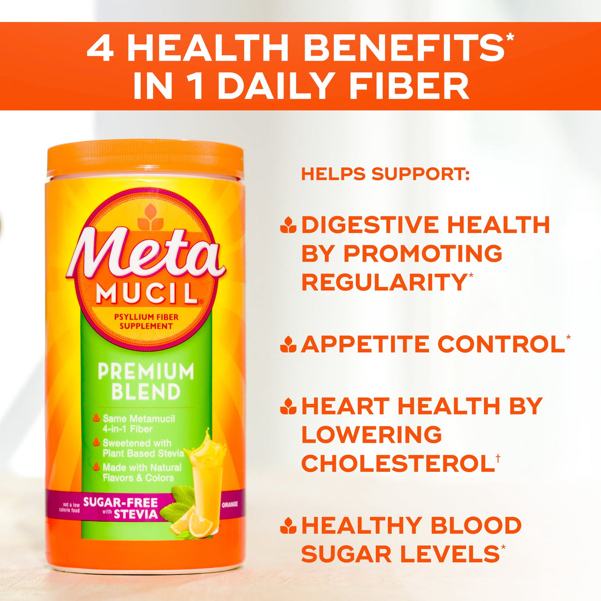Metamucil Premium Blend Fiber, Sugar-Free with Stevia, Orange, GLP-1 Friendly Fiber>, 114tsp