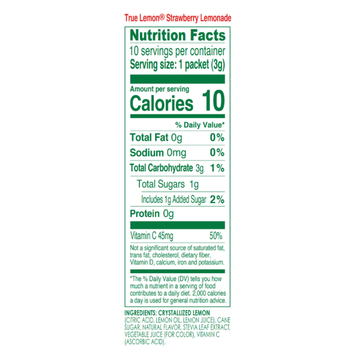 True Lemon Strawberry Lemonade Drink Mix Powder, No Artificial Sweeteners, 1.06 oz., 10 Count Box