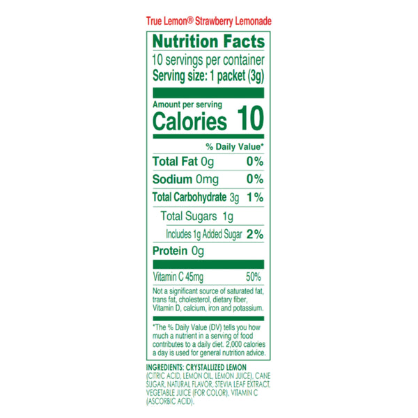 True Lemon Strawberry Lemonade Drink Mix Powder, No Artificial Sweeteners, 1.06 oz., 10 Count Box