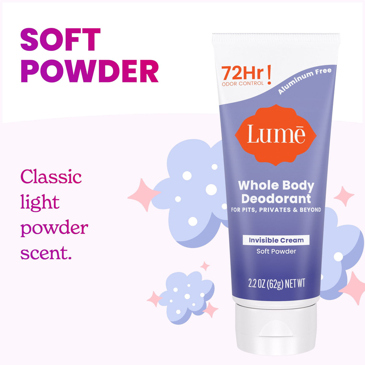 Lume Whole Body Women's Invisible Cream Tube Deodorant Soft Powder Scent, Aluminum-Free, 2.2 oz