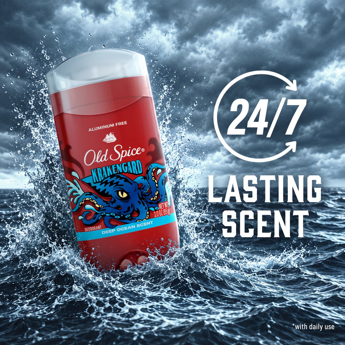 Old Spice Deodorant for Men, Aluminum Free, 24/7 Freshness, Krakengard, Deep Ocean Scent, 3 oz