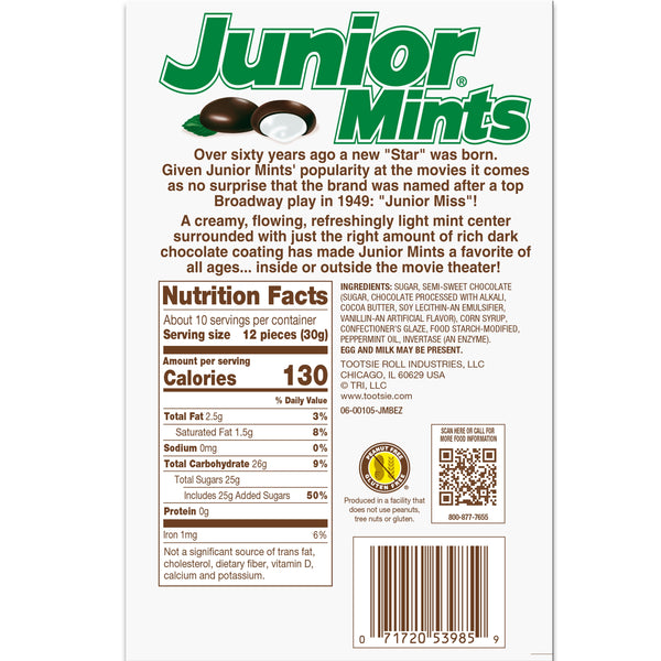 Junior Mints Dark Chocolate Mint Box, Allergen-Free, Kosher, 10.5 oz