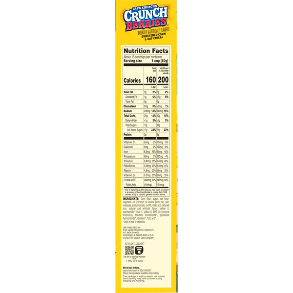 Cap'n Crunch Sweetened Corn & Oat Cereal Crunchy Berries Naturally & Artificially Flavored, 20.5 oz box