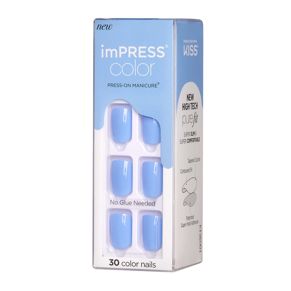 Impress Color Press On Nails, No Glue Needed, Solid Blue, Short Squoval, 30 Ct.