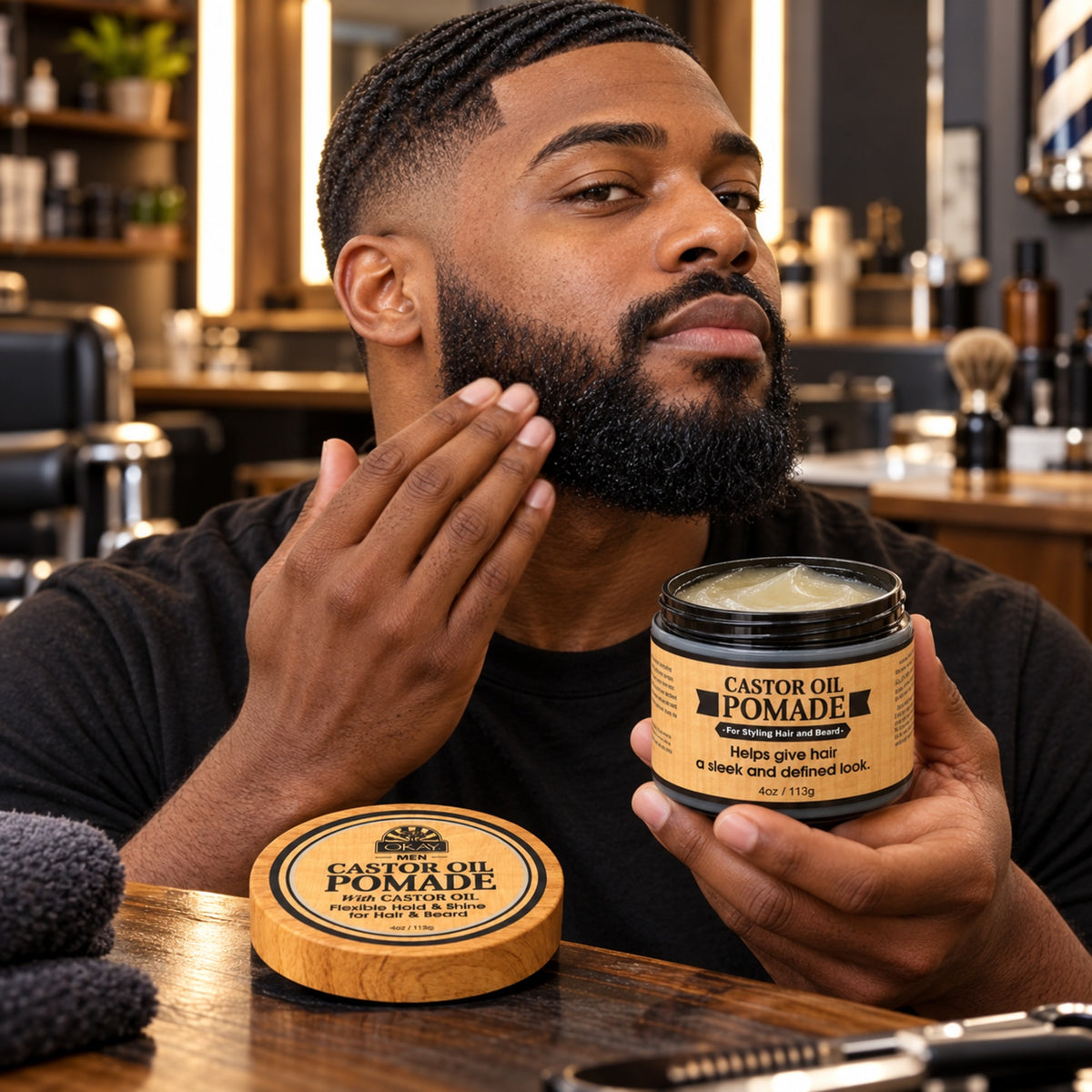 OKAY Men Castor Oil Beard & Hair Pomade, All-Day Hold Styling Pomade for Beard & Hair, Adds Shine & Definition, Silicone & Paraben Free, For All Hair